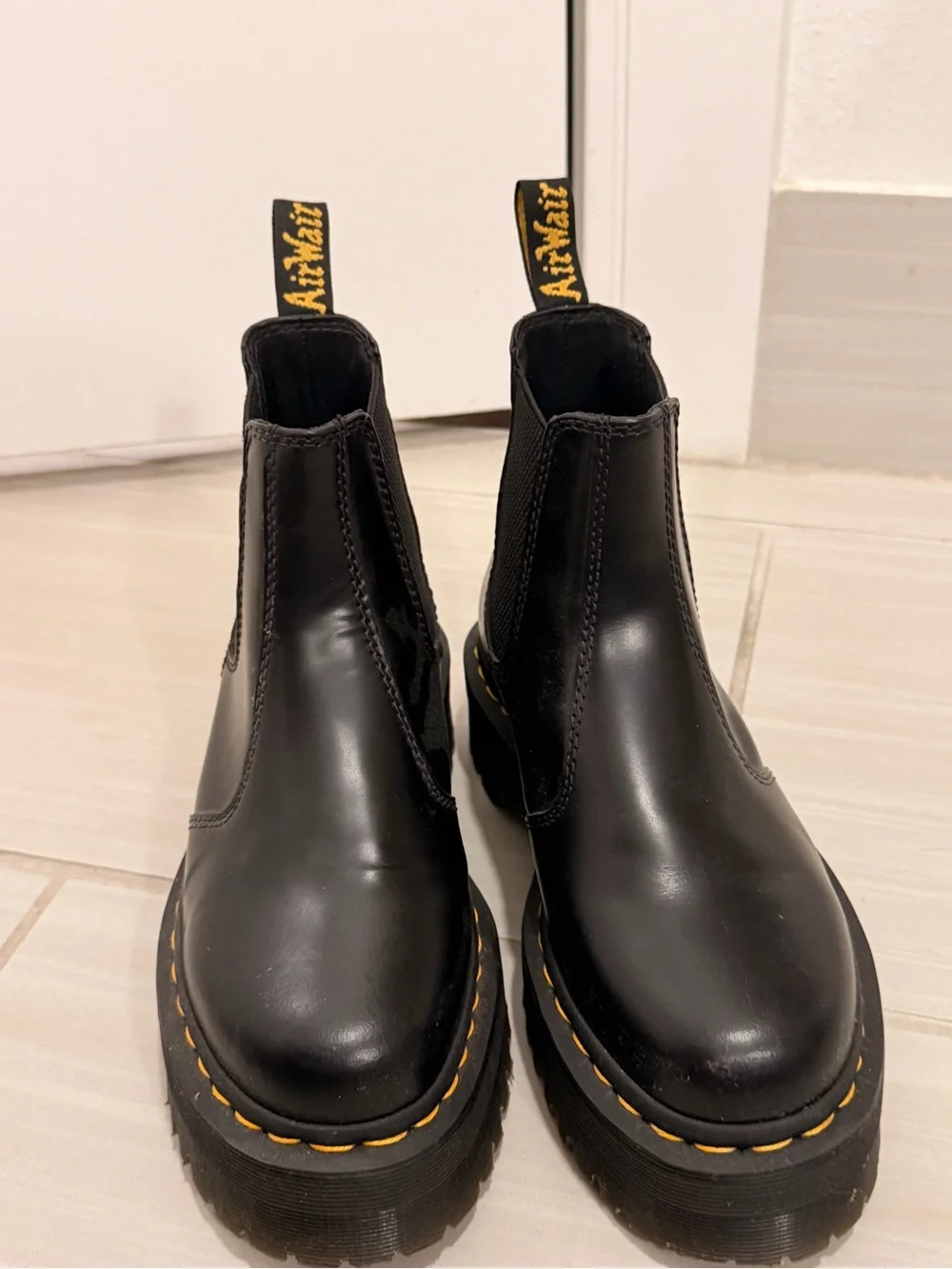 Dr. Martens Black Leather Chelsea Boots with Yellow Stitching